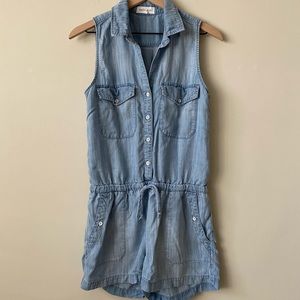 Sleeveless Chambray Denim Drawstring Waist Romper